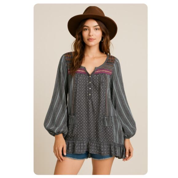 Free People SZ XS Feather In The Wind Embellished Tunic Boho Runs large - Picture 1 of 8